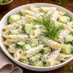 Healthy Cucumber Pasta Salad in a white bowl on a wooden table