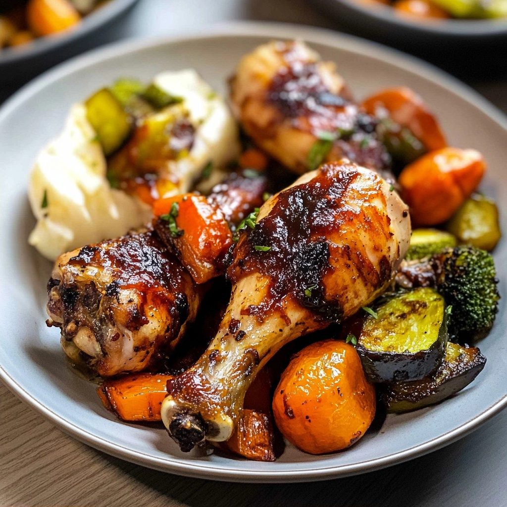 Air Fryer BBQ Chicken Drumsticks with Roasted Vegetables